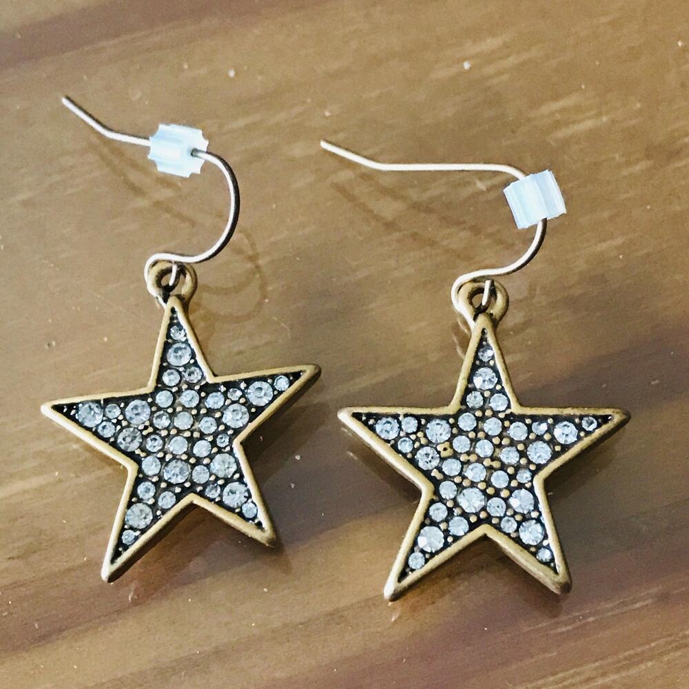J. Crew Drop Star Earrings: Clear Rhinestones set in Gold Tone. Signed